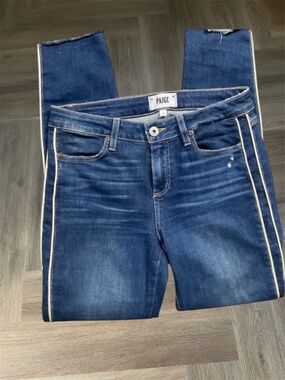 PAIGE Verdugo Stripe Ankle Jeans Womens 28 Blue White Raw‎ Hem Contrast Piping